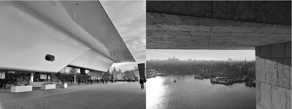 Photographies architecturales en noir et blanc montrant des détails de bâtiment et des vues sur l'eau