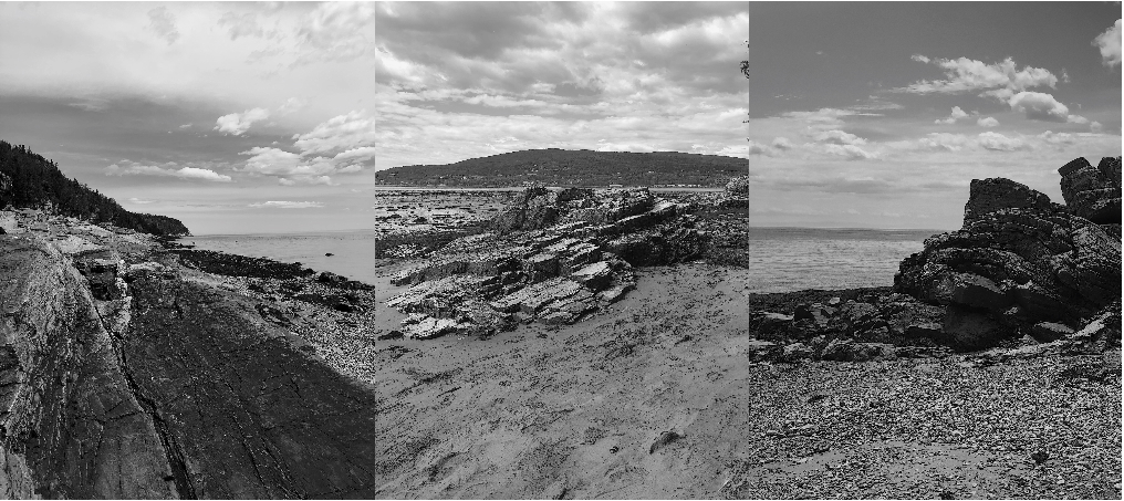 Photographies architecturales en noir et blanc montrant des détails de bâtiment et des vues sur l'eau