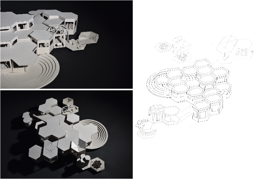 Modèles architecturaux hexagonaux avec éléments incurvés